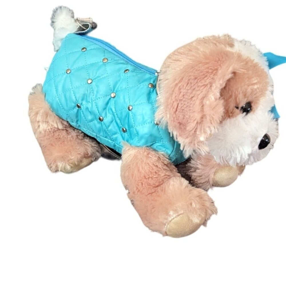 GMA Accessories Plush Puppy Dog Purse Blue Quilted Studded Jacket‎ Tan White